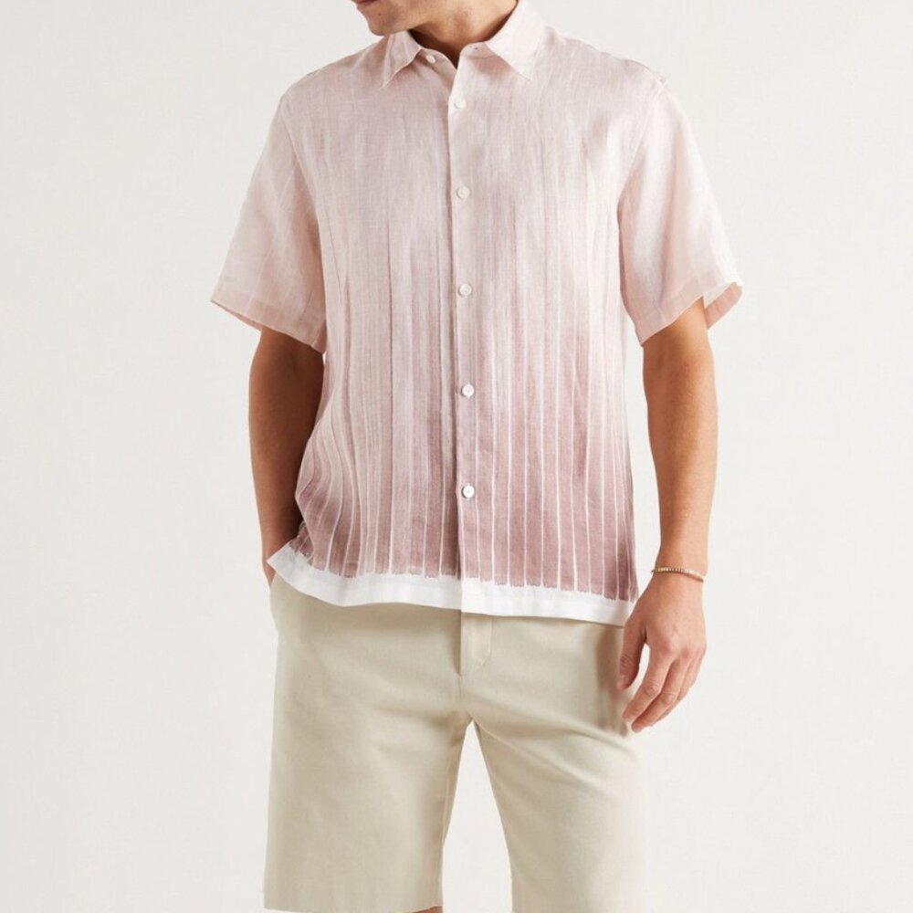 Theory Men's Linen Noll Short Sleeve Button Down Striped Beige Pink Size XL